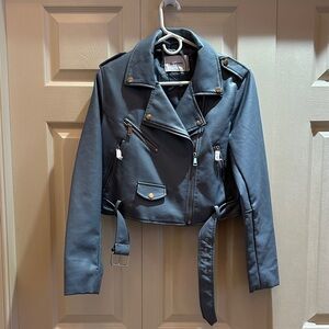 NWT Stradivarius Dusty Blue Faux Leather Jacket Size Large